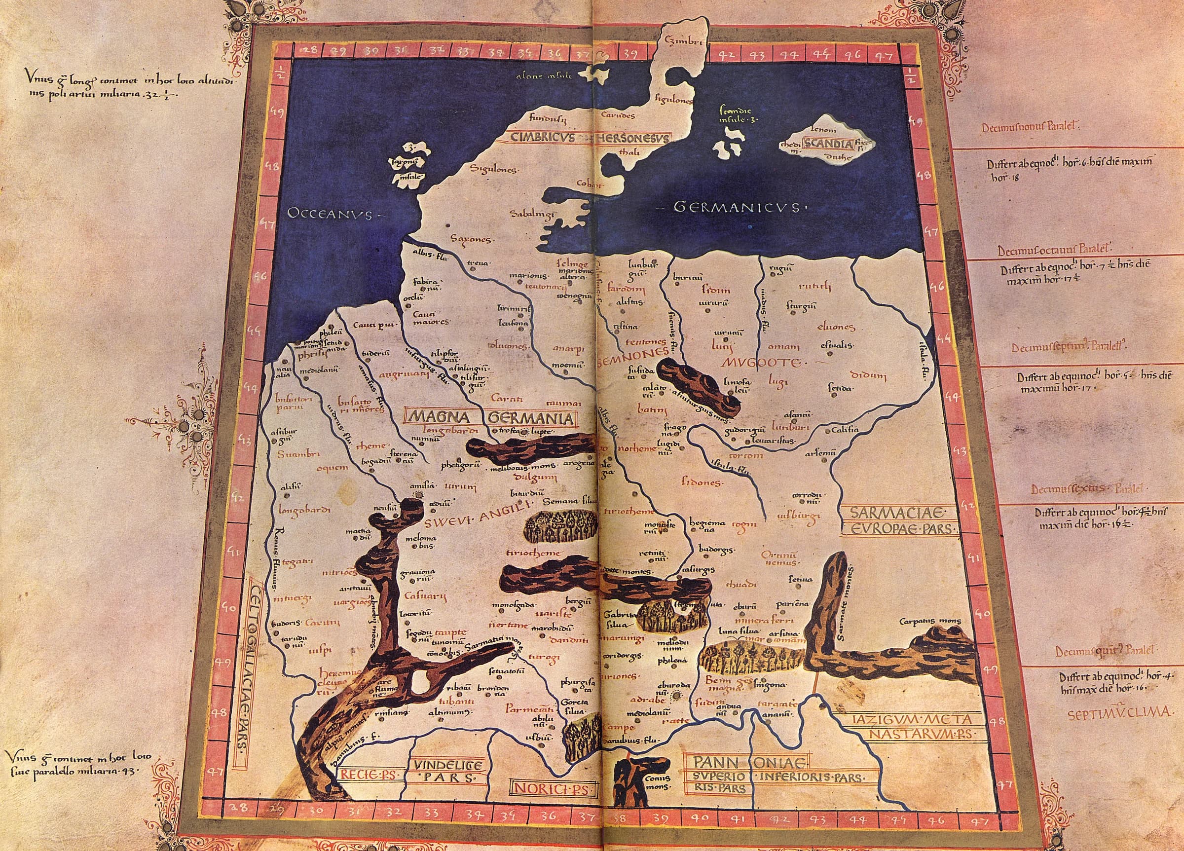 Mapa Wielkiej Germanii według Ptolemeusza, piętnastowieczny rękopis; nie oryginał z II wieku.